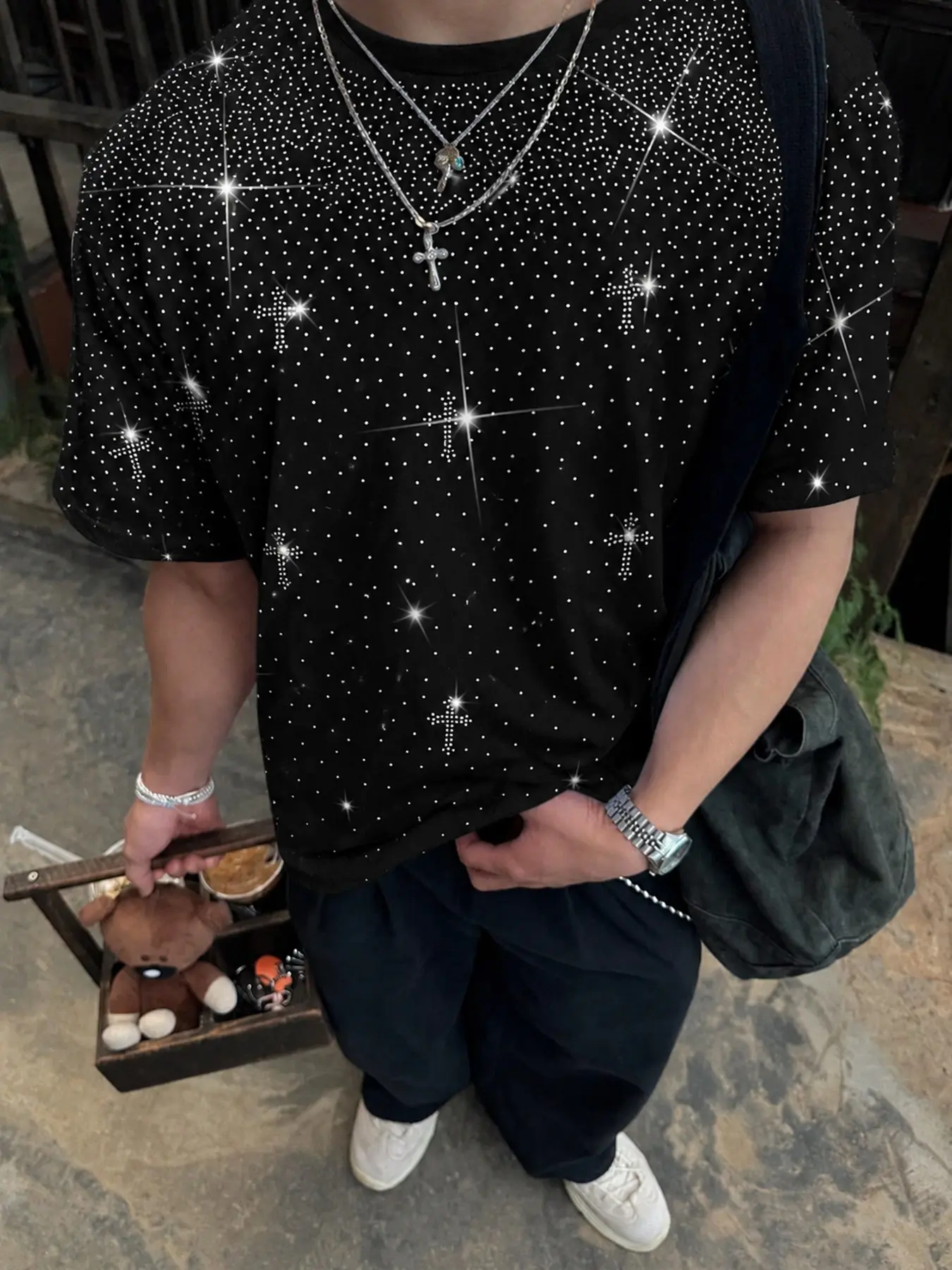 Men's Cross Rhinestone Print T-Shirt, Gothic Loose Round Neck Short Sleeve, Y2K Street Style Summer Shiny Casual T-Shirt