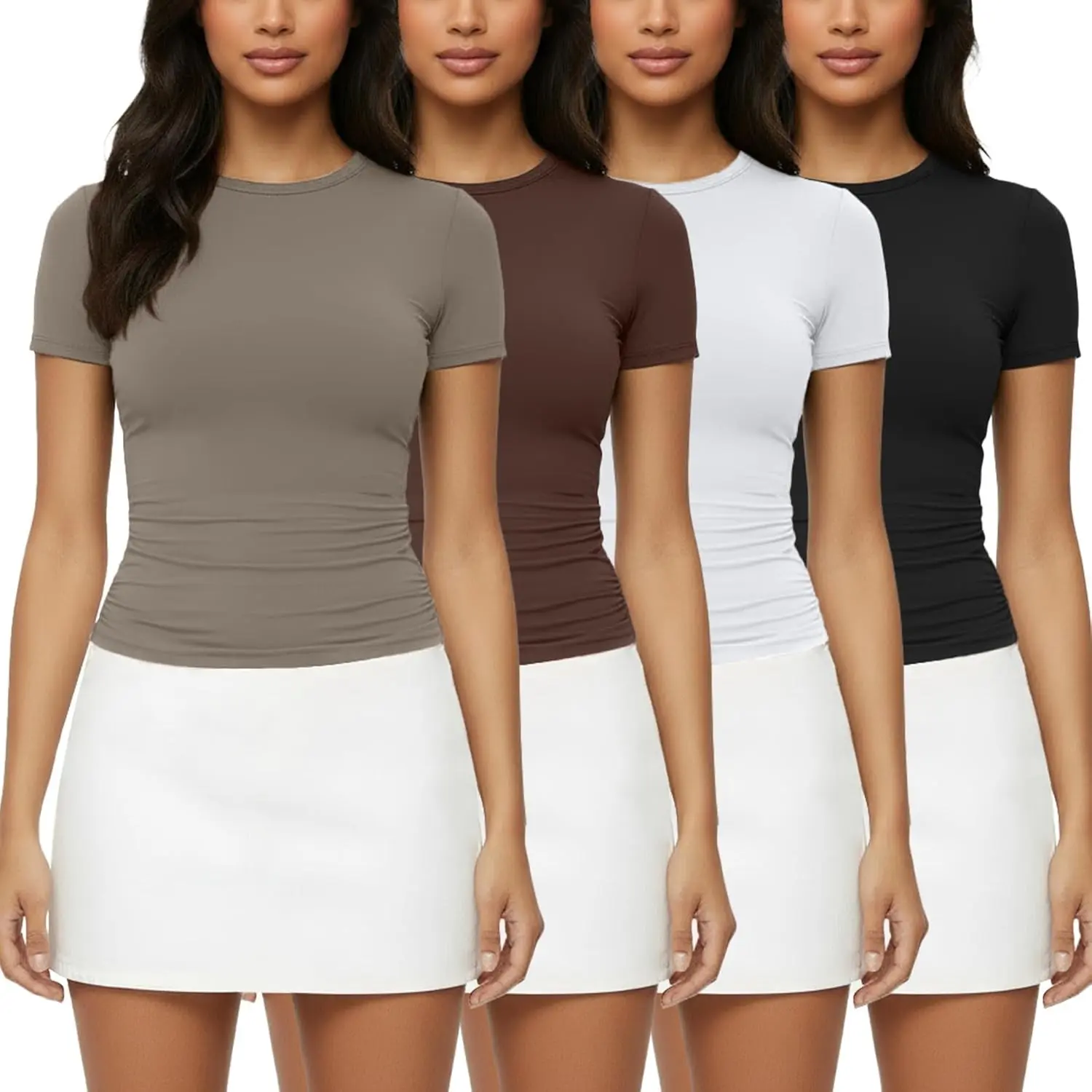 4 Pack Basic Tees T Shirts for Women Workout Gym Compression Fitted Short Sleeve Plain T Shirts Crop Tops Y2K