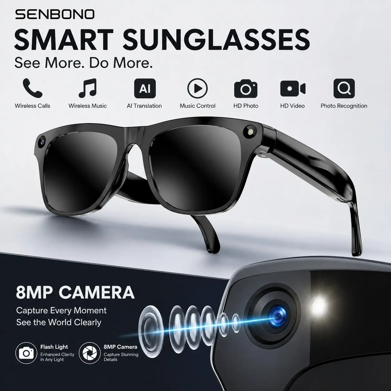 SENBONO Lightweight Ai Glasses, 8mp Camera + Flashlight, Ai Recording, Music Control, Bluetooth-compatible Call, Multilingual Translation, Outdoor Fashion