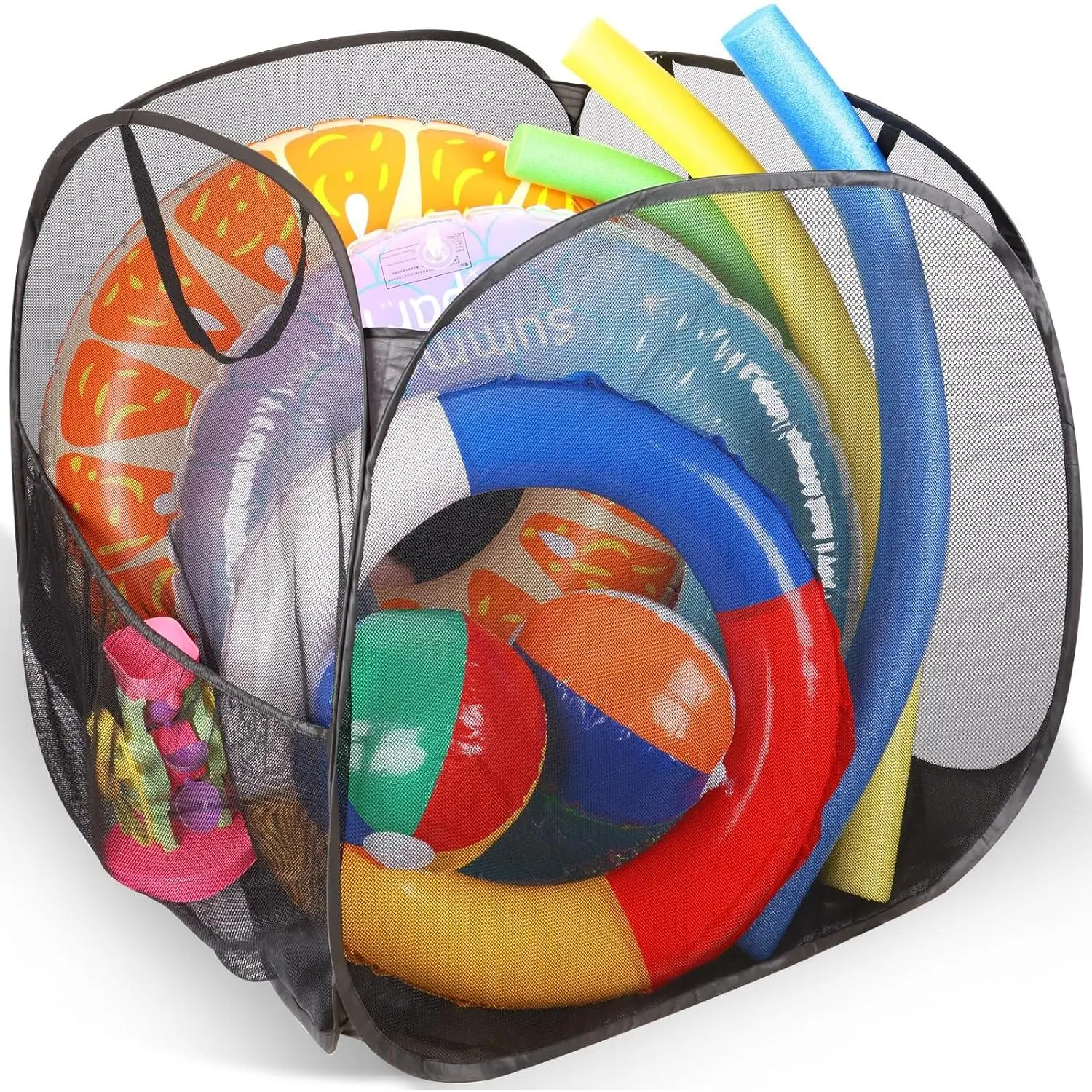 Pool  Storage, Outdoor Pool Float Storage Organizer, High Capacity 32x32x32 Inch Pool Storage Bin with Side Pocket for Pool Noodles, Floats, Beach Balls and other Swim Accessories