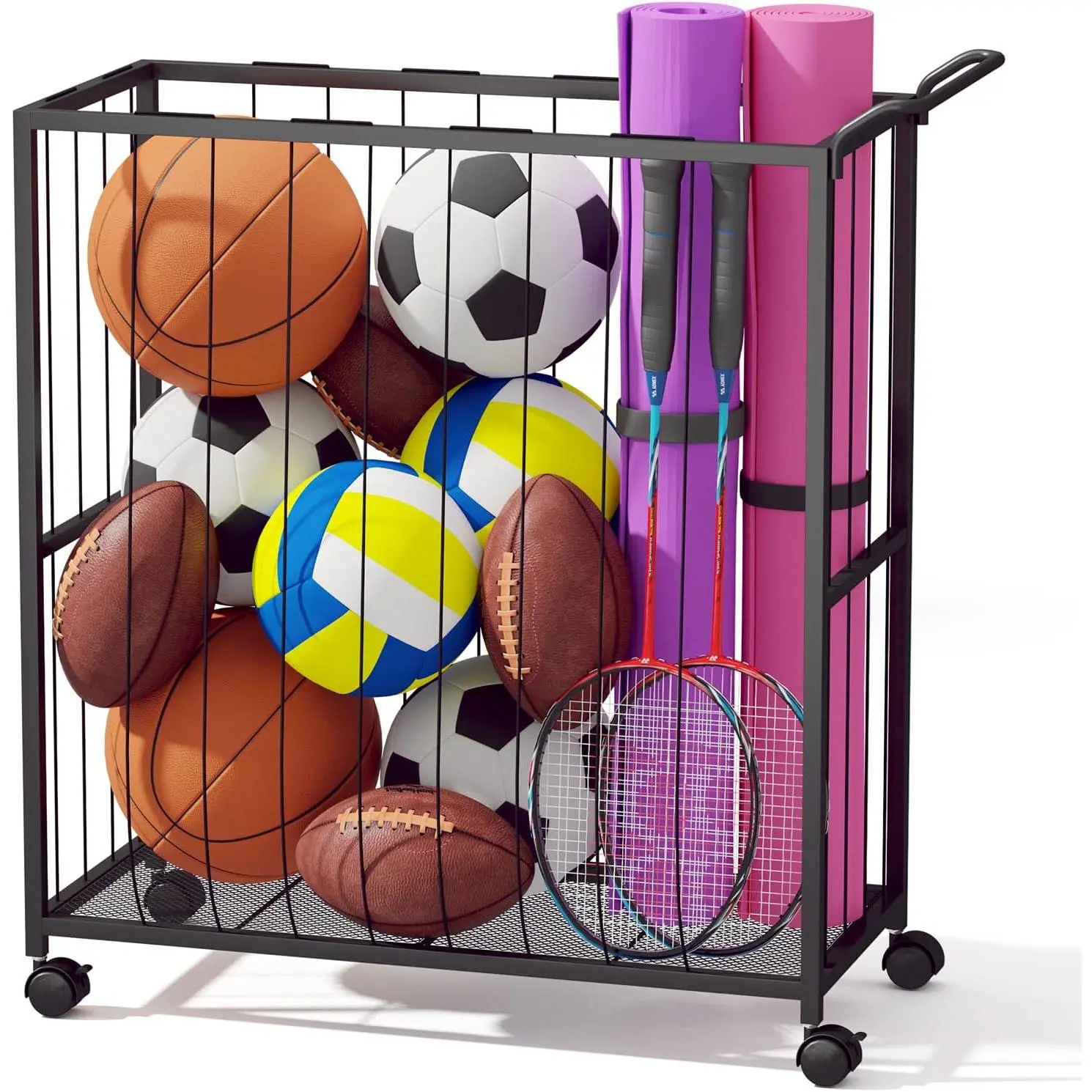 Ball Storage Bin Rolling  Ball Cart, Metal Garage Organizer  Rack, Ball Basket Storage, Ball Cage for Garage or Gym, Indoor & Outdoor  Equipment Organizer Black