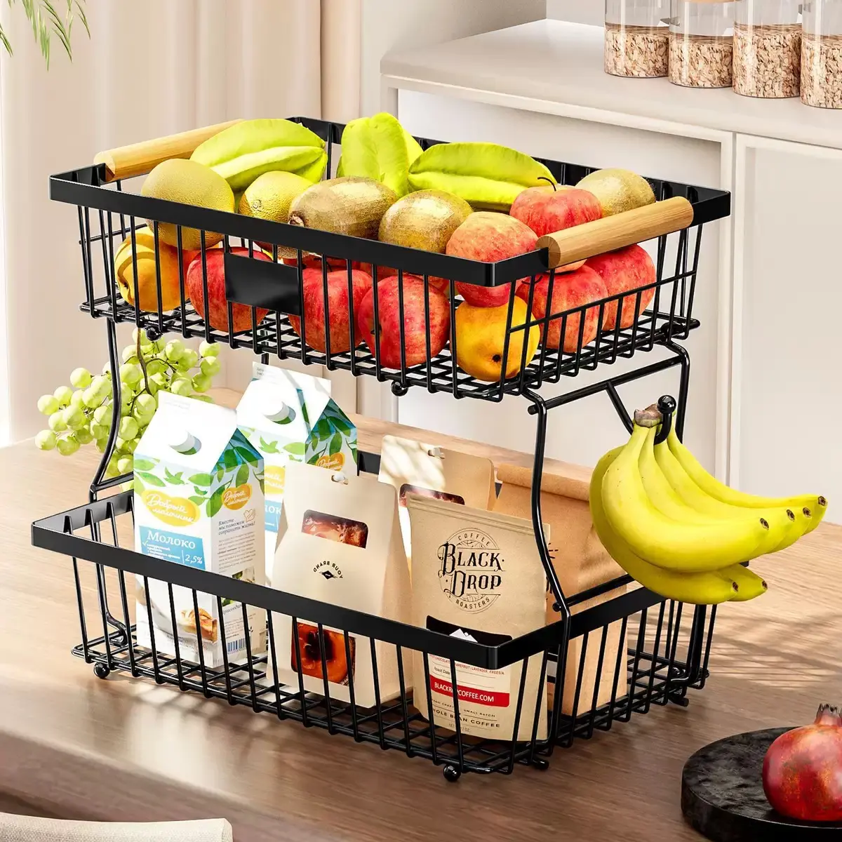 Metal & Wood Large Tiered 2-Tier Wire Fruit Basket with Banana Hanger, Detachable Bowls, Wooden Handle, Protective Mats, Adjustable Hooks - Functional Rack for Fruits Veggies, Bread