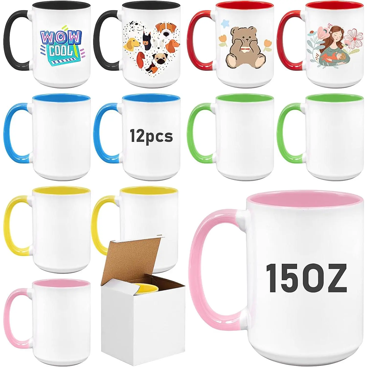 12 Pack Sublimation Mugs Blank,15oz Ceramic Coffee Mug Tazas Para | DIY Coated Coffee Mugs Porcelain Sublimacion Cups with Box for Milk  Latte Hot Cocoa, Colors