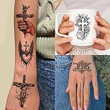 77 Sheets Christian Cross Temporary Tattoo for Women Men, 17 Sheets Half Arm Large Religious Jesus God Fake Tattoos, 60 Sheets Angels Black Christ Tiny for Adult Kids Body Tattoos Stickers Realistic