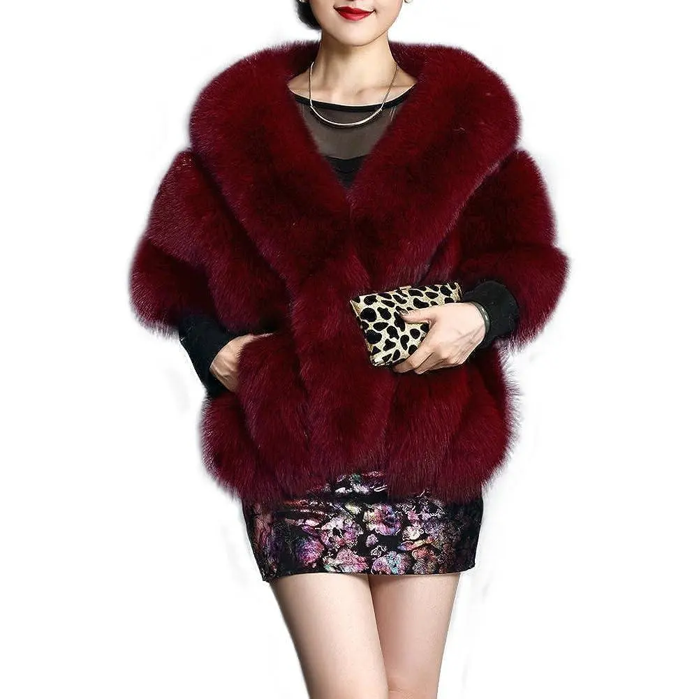 Women's Luxury Party Faux Fox  Long Shawl Cloak Cape for Winter
