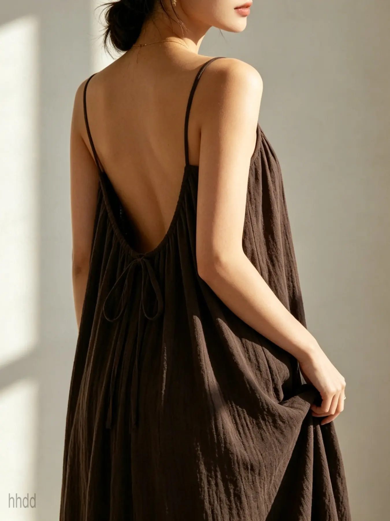Elegant Backless Spaghetti Strap Crinkle Dress, Adjustable Thin Straps, Loose Fit, Lightweight Beach Cover-Up, Summer Vacation Home Wear Loungewear Sleepwear