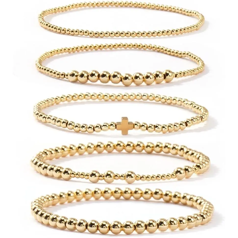 14K  Plated Beaded Bracelets Stack Set for Women,Stretch  Ball  Friendship Trendy