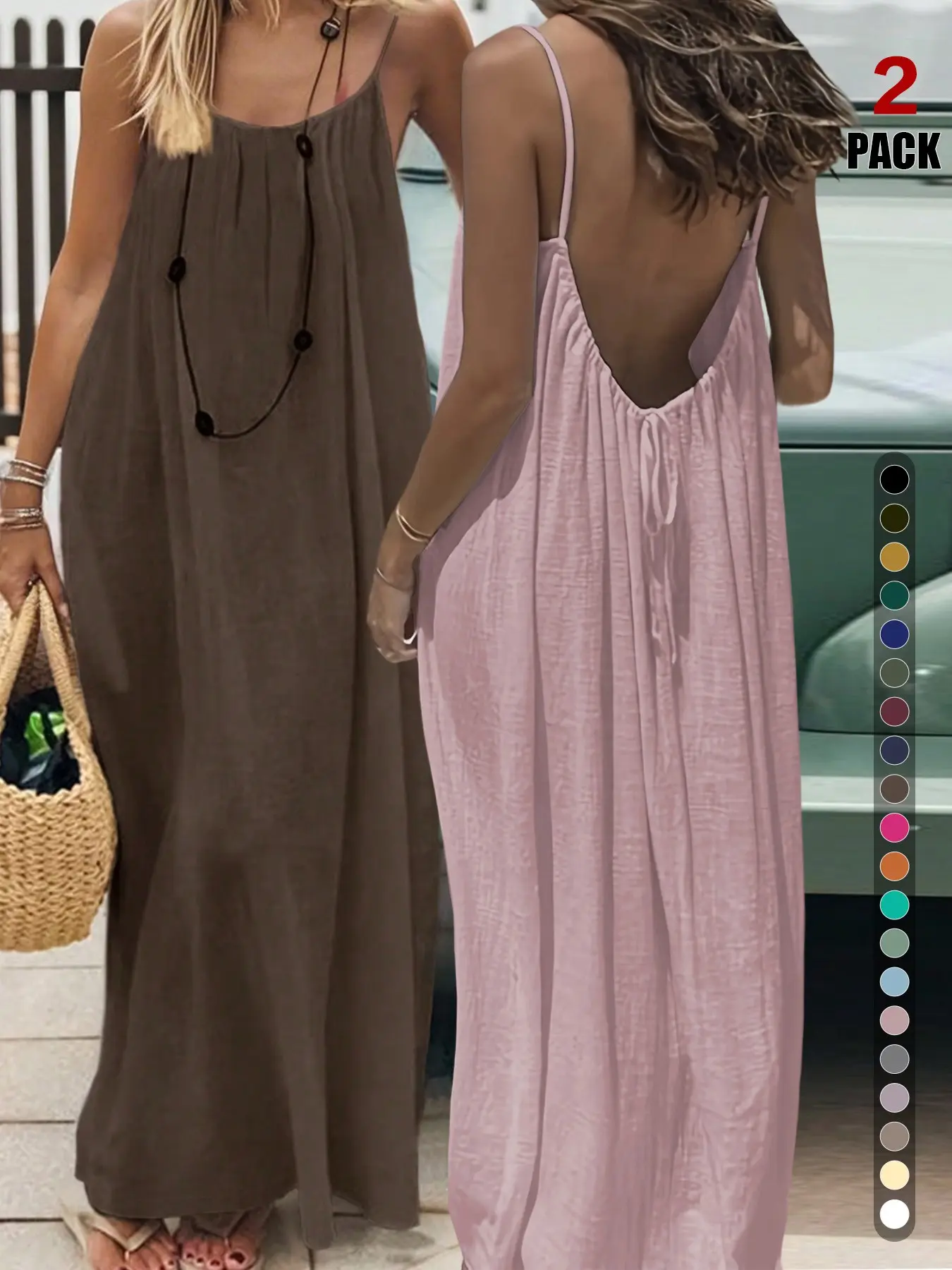 2pcs Trendy Solid Textured Cami Long Dress, Deep U Back, Relaxed Fit, Multi Color, Women's Beach Casual, Boho Elegant Style