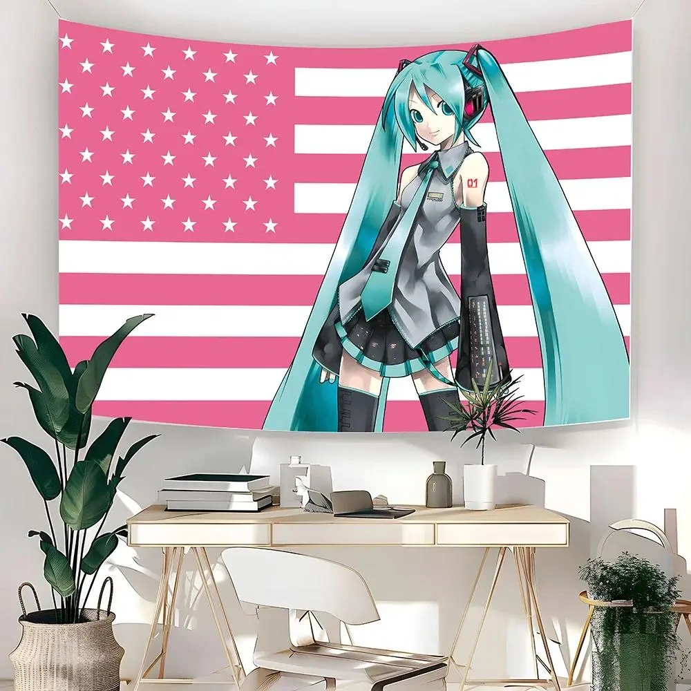 Hatsune Miku Pink American Flag Tapestry, Kawaii Anime Vocaloid Wall Banner, Otaku Girls Dorm Room Decor Aesthetic, Y2K Gamer Bedroom Bedside Hanging Cloth