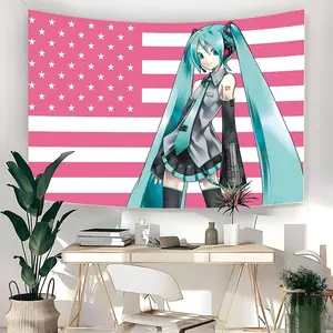 Hatsune Miku Pink American Flag Tapestry, Kawaii Anime Vocaloid Wall Banner, Otaku Girls Dorm Room Decor Aesthetic, Y2K Gamer Bedroom Bedside Hanging Cloth