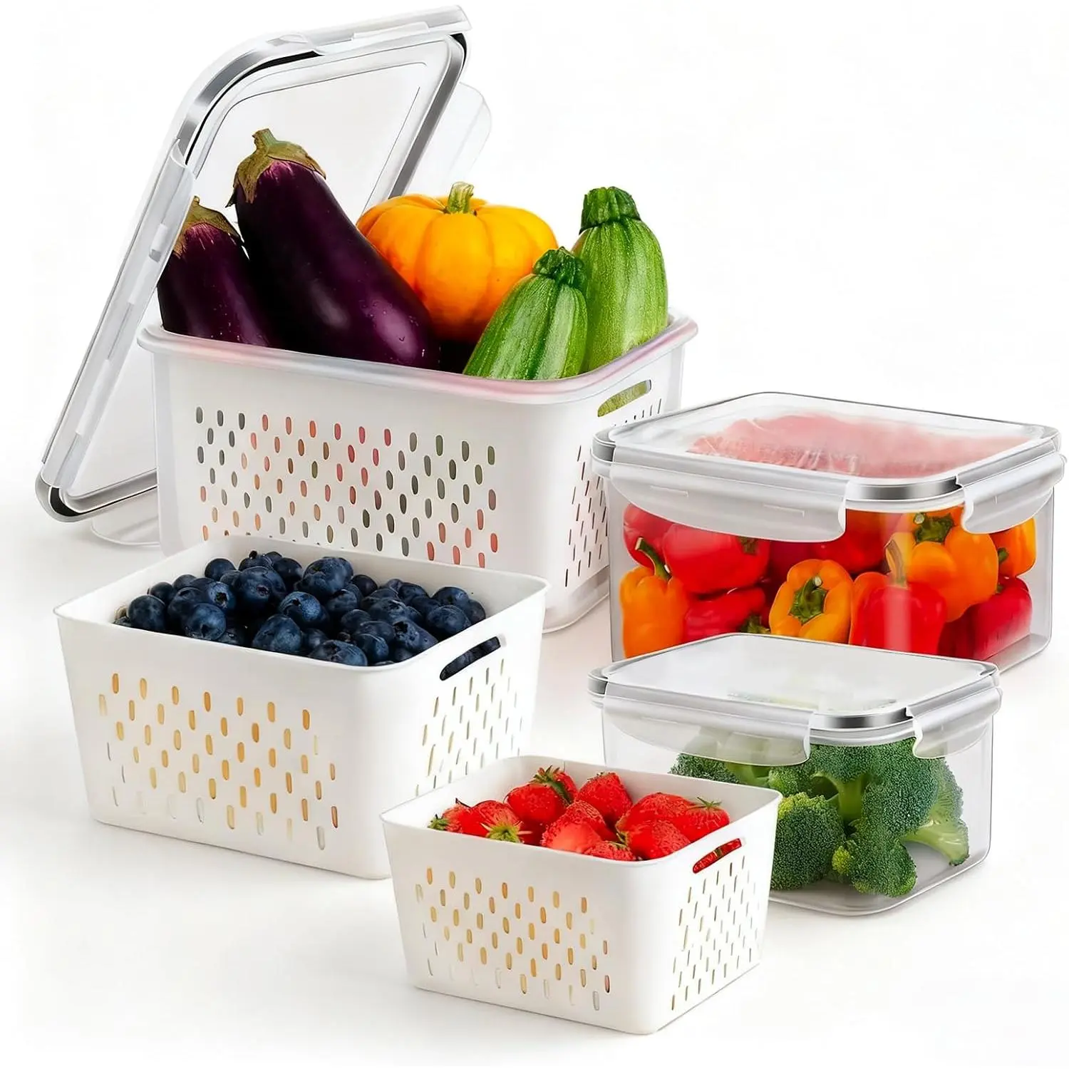 3 count Fruit Containers for Fridge, Strawberry Storage Containers for Fridge,  Storage Container with Airtight Lid, Removable Colander Basket for Rinsing and Draining, Keep Produce