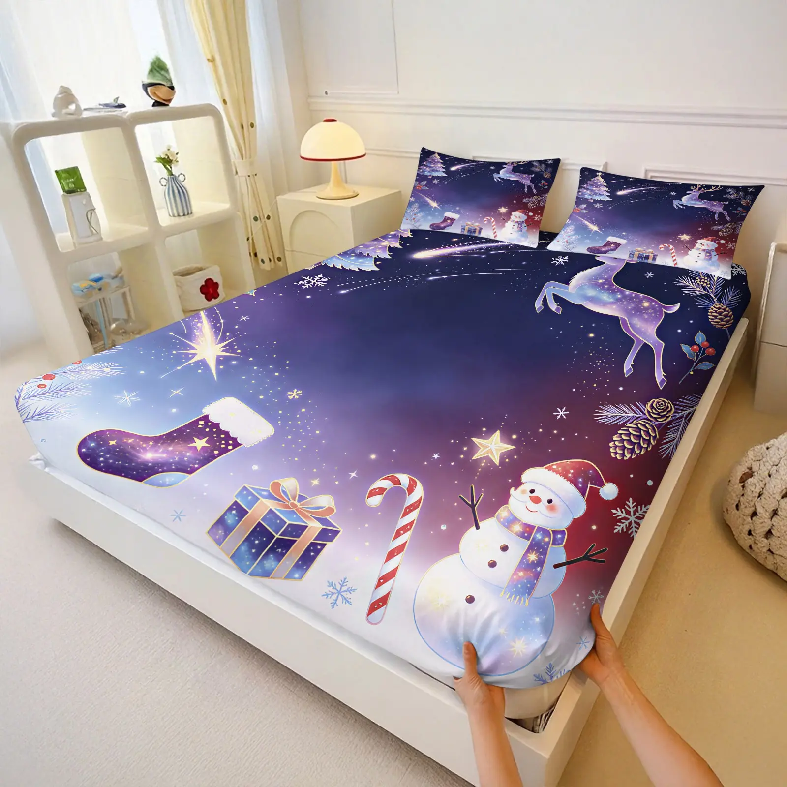 3Pcs Iridescent Ice Christmas Fitted Sheet Set, Gradient Deer Snowman Tree Full Print, Elastic Snug Anti Slip Mattress Cover