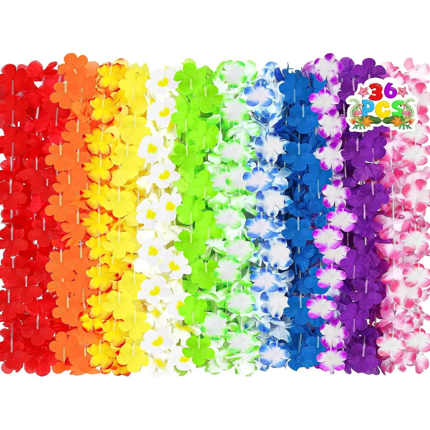 36pcs Synthetic Soft Touch Floral Pattern Hawaiian Leis Necklaces, Luau Party Decorations, Birthday Fun Costume Jewelry Accessories (Bulk Pack), Luau Events