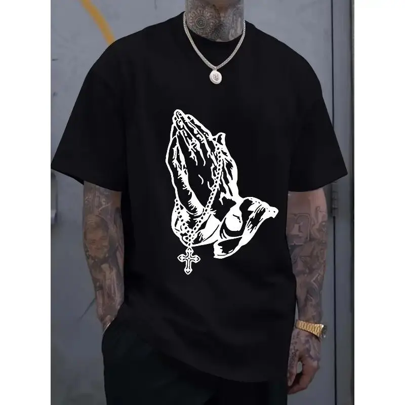 Menswear Men's High-Cotton Short-Sleeve Round Neck T-Shirt with Prayer Fold Handprint - Breathable Medium-Length Minimalist All-Seasons Casual Top, Hand-Wash Safe for Fitness Workouts & Outdoor Sports, Shortsleeve