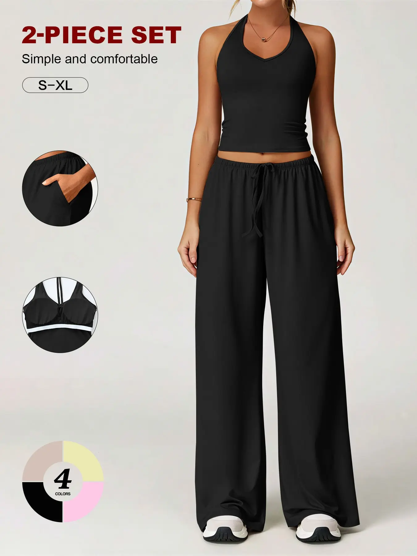 Summer Halter Top with Padded Bra and Wide Leg Pants Set, Halter Neck, Basic Casual Fashion Ootd, Yoga Fitness, Home Shopping, Vacation Outing