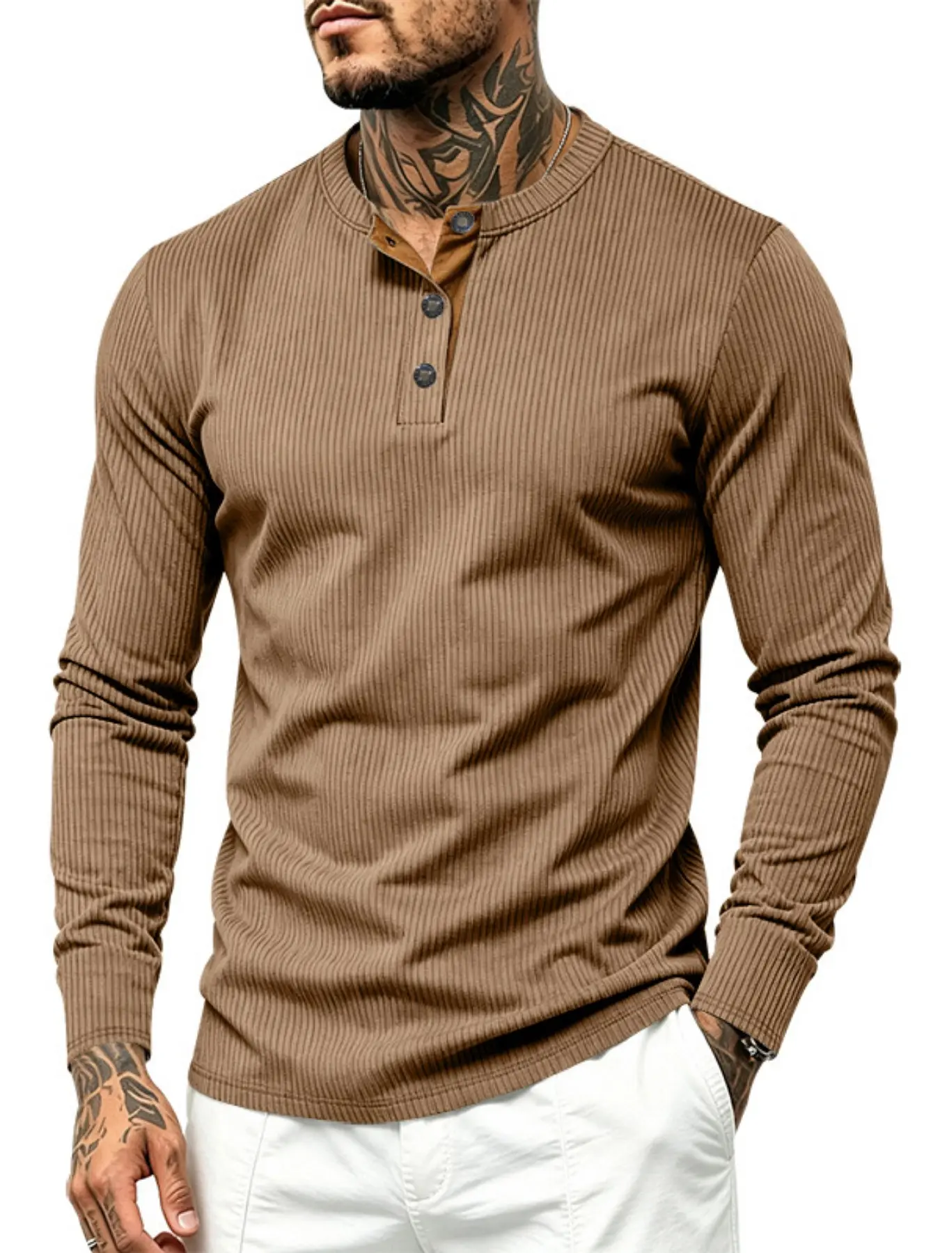 Men's vertical slit shirt with Henry collar, long-sleeved T-shirt, contrasting color lining at the front, three buttons on the collar, V-shaped neckline, slim texture for autumn/winter Streetwear casual wear