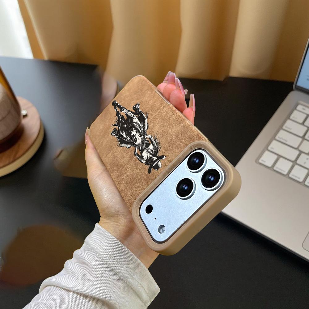 1pc brown cowboy riding horse print pattern, matte faux leather full-cover large hole protective phone case Compatible With IPhone 17/17 Air/17 Pro/17 Pro Max/16/16 Pro/16 Plus/16 Pro Max/15/15 Plus/15 Pro/15 Pro Max
