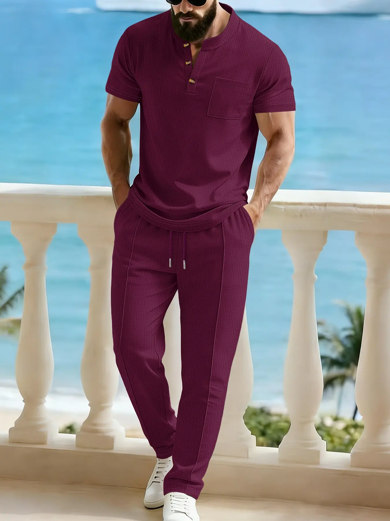 Men's Stand Collar Button Polo Set, Lightweight Textured Short Sleeve, Drawstring Sport Long Pants Trouser, Youth Versatile Commute Two-Piece Set
