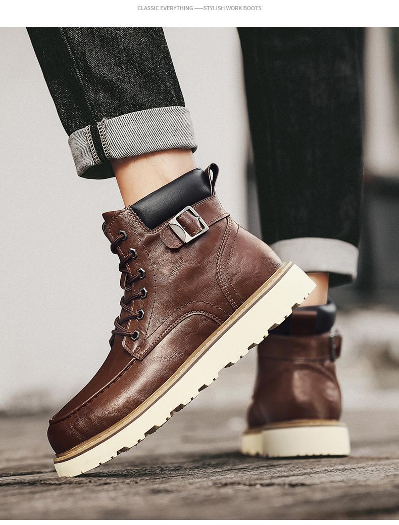 Men's Brown Classic Work Boots - Leather Upper with Belt Buckle Brown Lace-Up Ankle-High Design Non-Slip Rubber Sole for Hiking & Daily Casual Steel Toe Footwear Boy Memory Foam-Like Comfort Cushioning Adjustable Straps for Comfort Fit Durable Waterproof