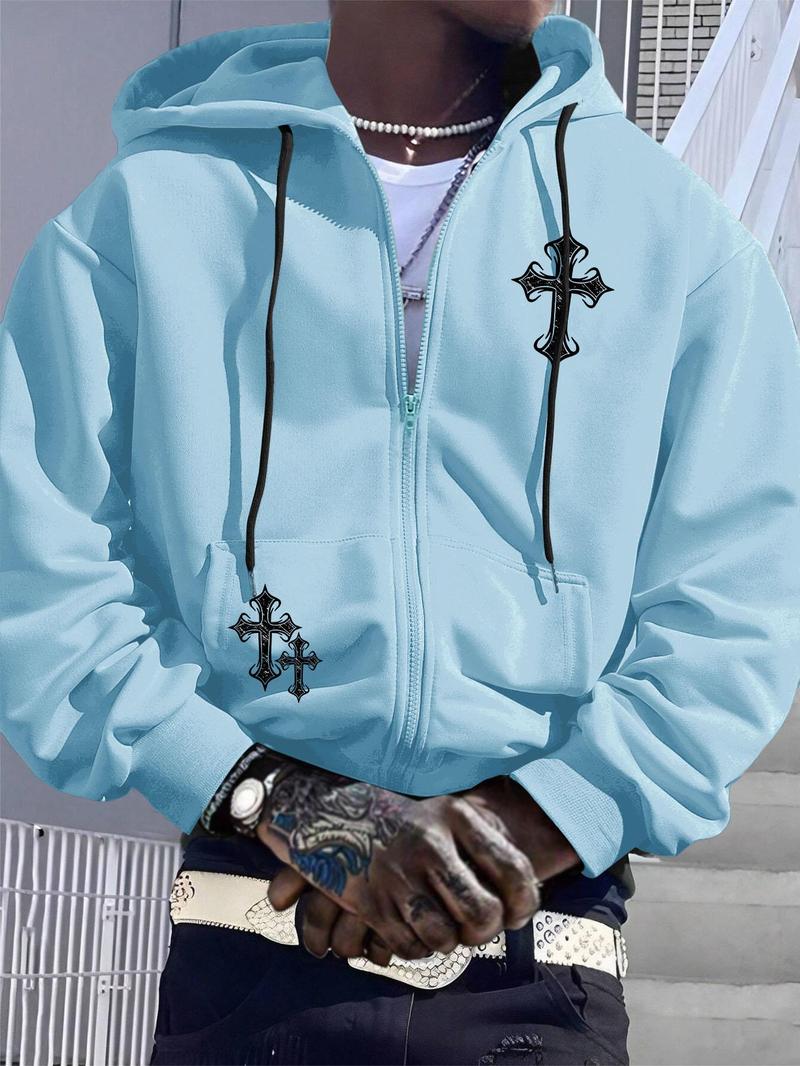 Men's Cross Print Drop Shoulder Zip Up Hoodie, Gothic Rock Hoodie, Fashion Casual Regular Fit Drawstring Pocket Hooded Sweatshirt for Daily Holiday Outdoor Wear, Men Clothes for Fall & Winter