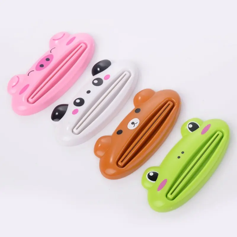 4 Piece Cute Animal Toothpaste Dispenser Set, Cartoon Pig Panda Bear Frog, Bathroom Press-Down Toothpaste Holder, Easy-To-Use Design