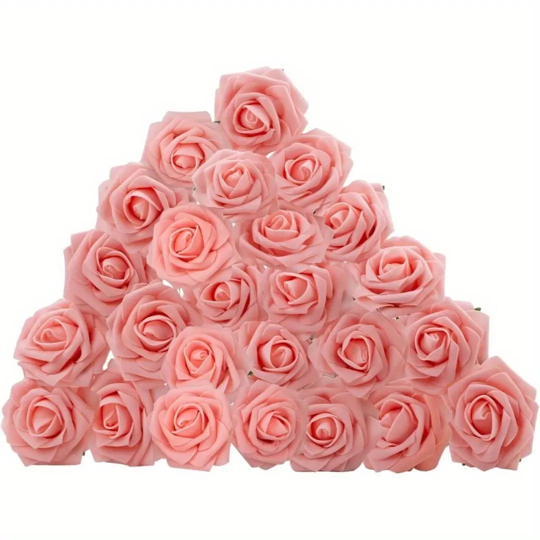 50pcs Pink Roses Decorative Set - Real Touch Artificial Roses with Wire Stems, Peach Pink Fake Flowers for DIY Wedding Bouquets, Centerpieces, Photo & Float Water-Submersible Arrangements, Christmas