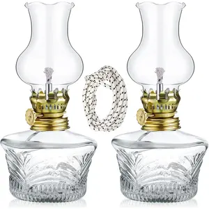2 Pcs Large Classic Vintage Glass Chamber Oil Lamp Lantern for Indoor Use, with Adjustable 6.6 ft Extra Oil Wick for Home Tabletop Decor Emergency Lighting
