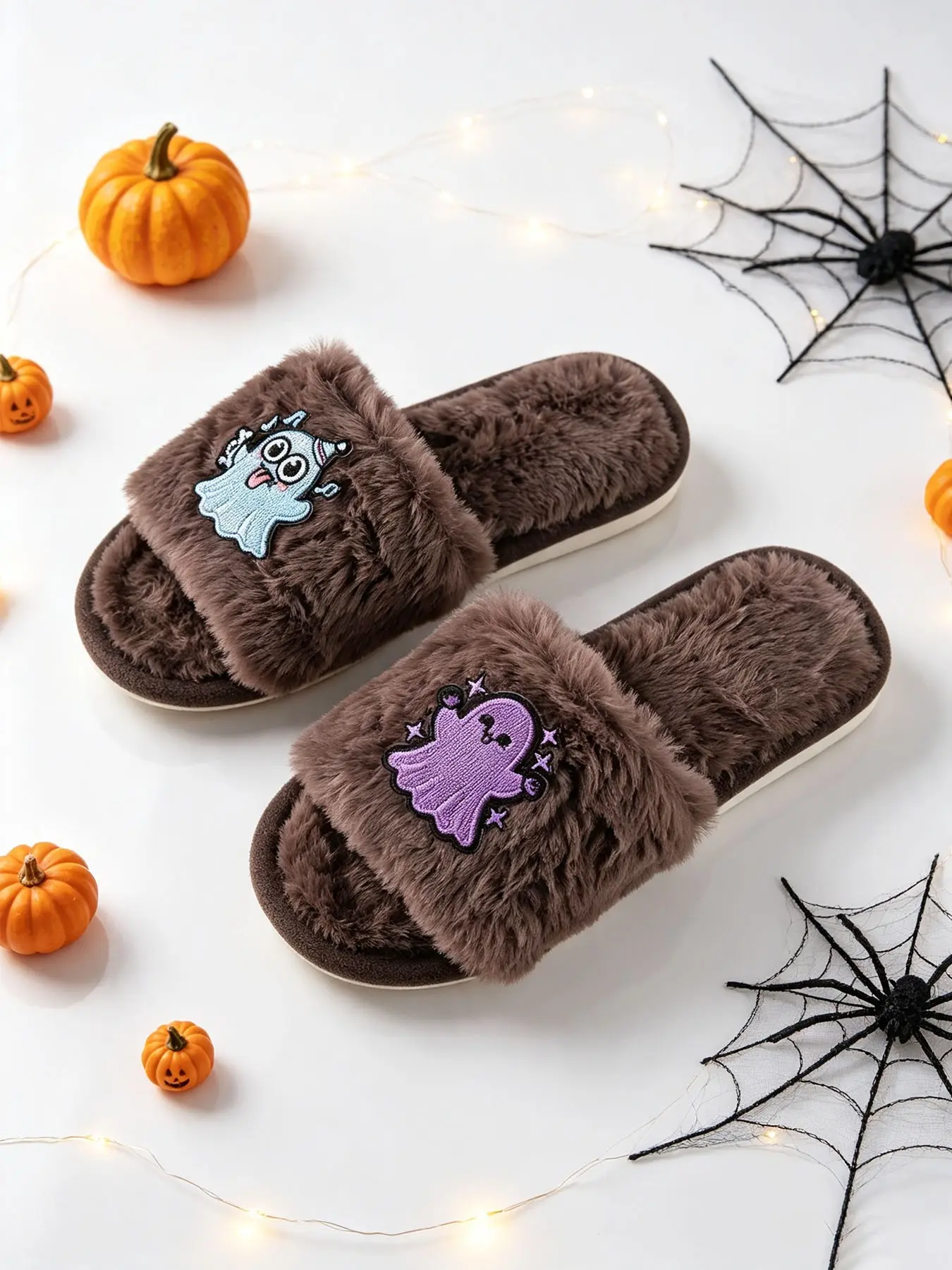 Women's Halloween Ghost Plush Open-Toe Slippers, Warm Indoor Footwear, Festive Party Gift, Four Colors Available, Fall & Winter Style