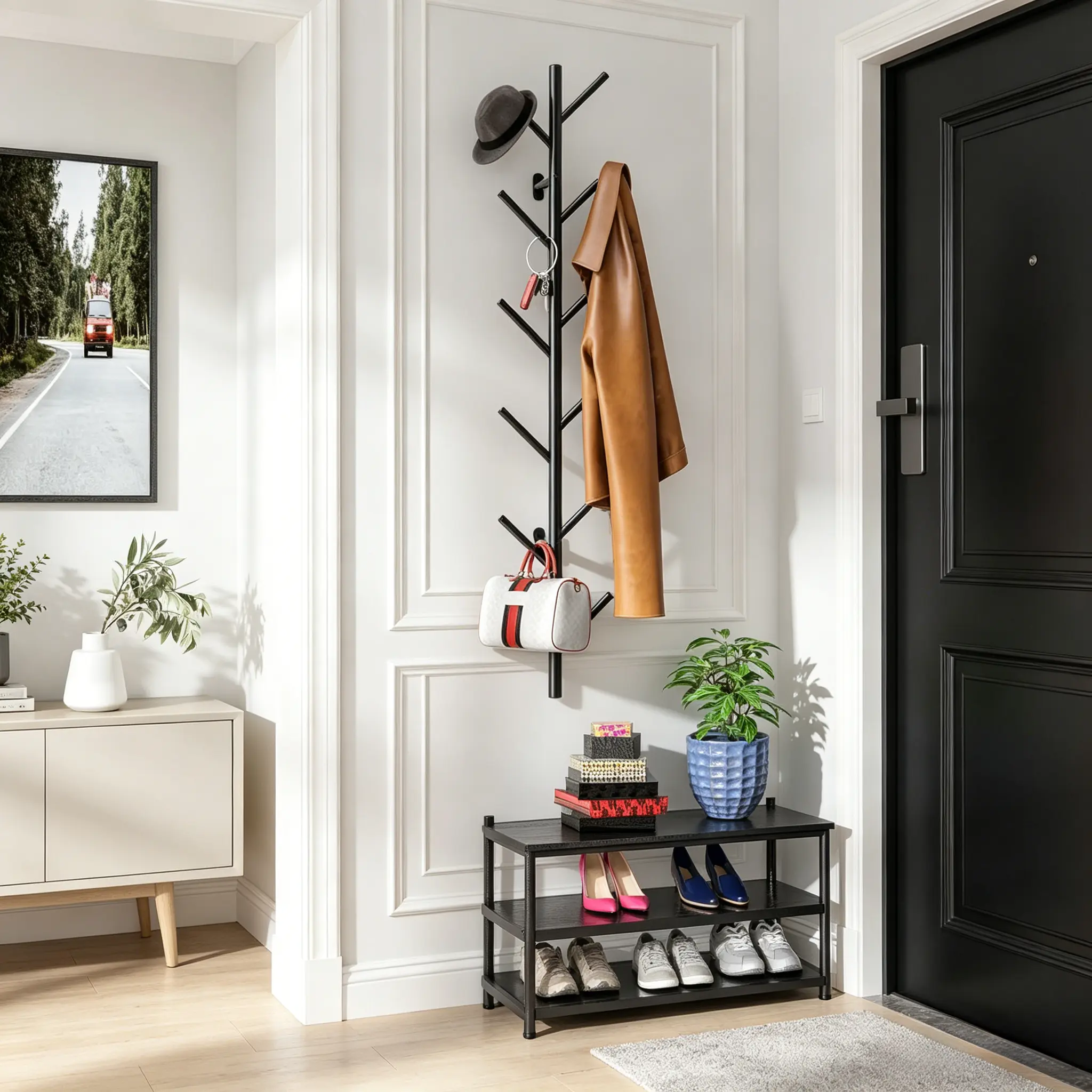 IBEQUEM Vertical Wall Mount Coat Rack| Modern Floating Hat Rack with Metal Hooks| Entryway Coat Tree for Bags Scarves Caps