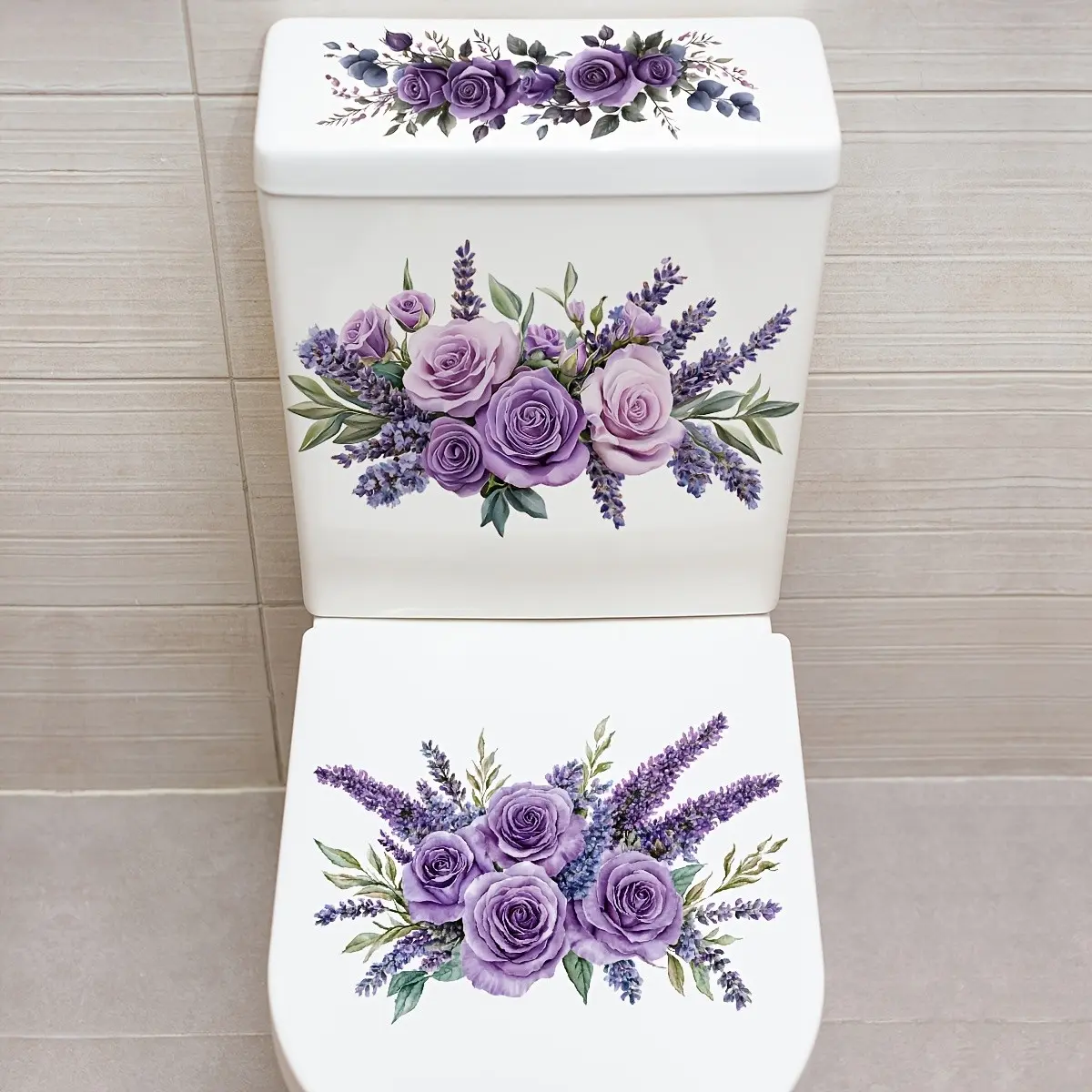 Fresh Rose Toilet Sticker, Lavender Element Self-Adhesive Waterproof, Romantic Bathroom Decorative Sticker, Easy to Apply