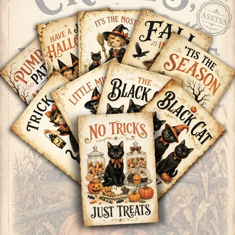 10 Pack Vintage Cute Halloween Postcards, Retro Scrapbook Material, Classic Poster Girl Illustrations, Perfect for Crafts and Albums
