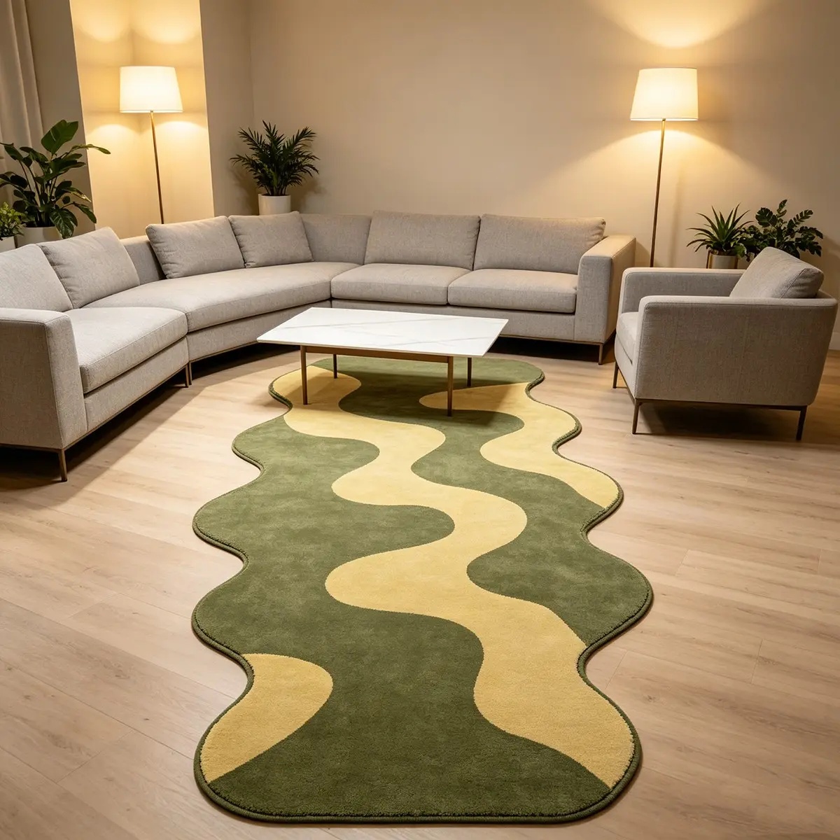 Wavy Edge Irregular Rug, Modern Abstract Design with Olive Green & Yellow Wave Patterns. Non-slip & Machine Washable Non Slip Rugs. Versatile Floor Mat for Bedroom, Bedside, Entryway and More, Minimalist Modern Home Decorative Rug
