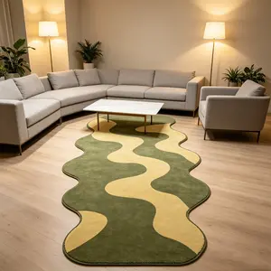 Wavy Edge Irregular Rug, Modern Abstract Design with Olive Green & Yellow Wave Patterns. Non-slip & Machine Washable Non Slip Rugs. Versatile Floor Mat for Bedroom, Bedside, Entryway and More, Minimalist Modern Home Decorative Rug