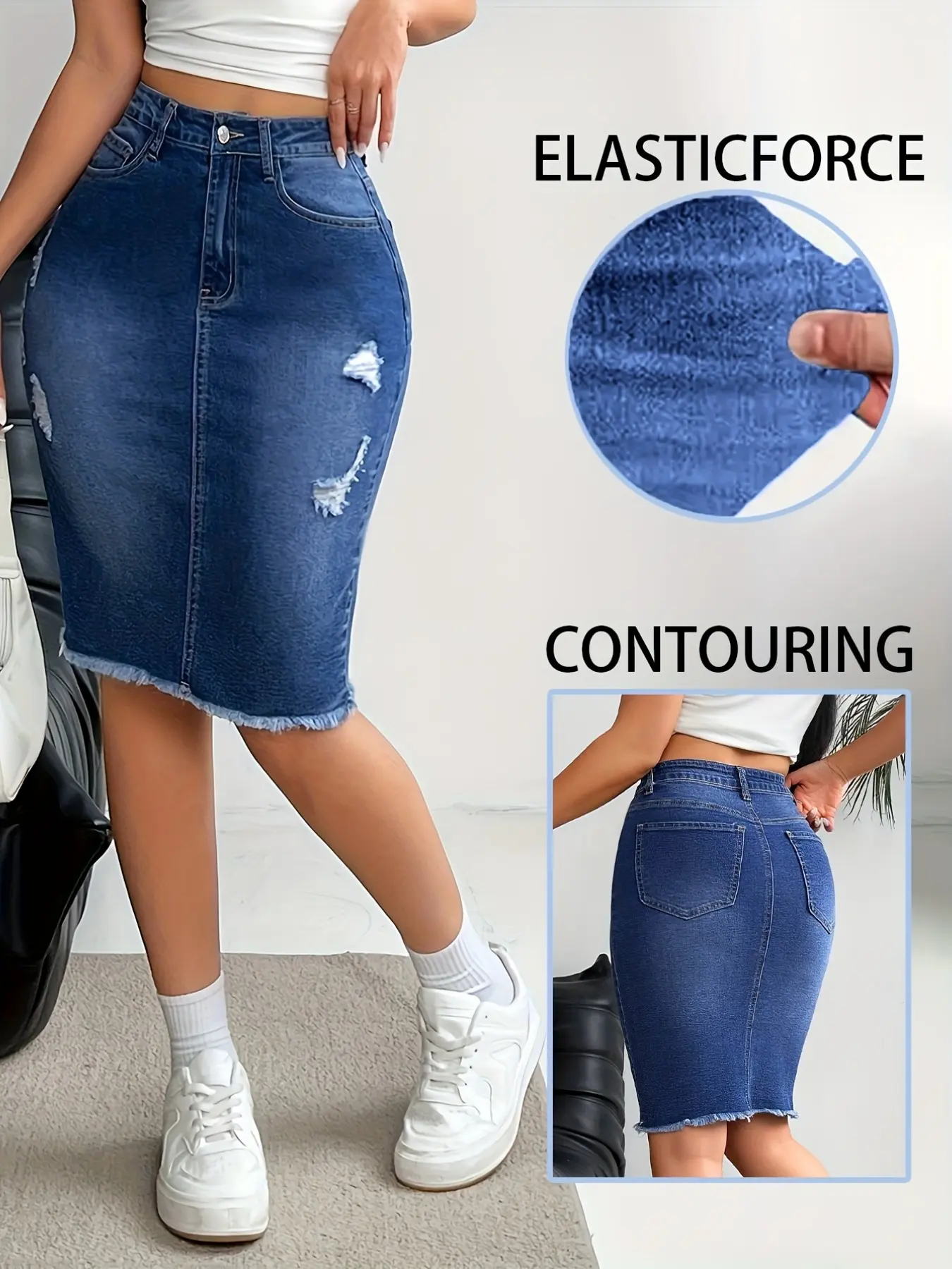 Wdirara Women's High-Waisted Button Denim Pencil Skirt, Elastic Knee-Length Jean Short Dress, Perfect for Casual Wear, Versatile Fashion Accessory