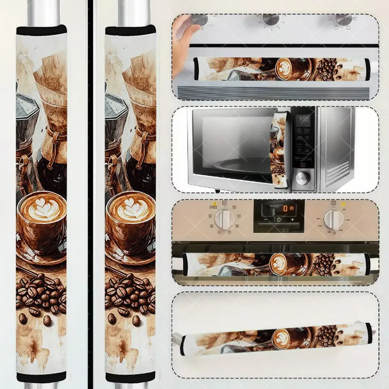 2pcs Vintage Coffee Pattern Microwave & Refrigerator Handle Covers, Unisex, Suitable for Oven, Dishwasher, Clp0411 (26), Kitchen, Dishwasher Safe Cover, Machine Washable Covers