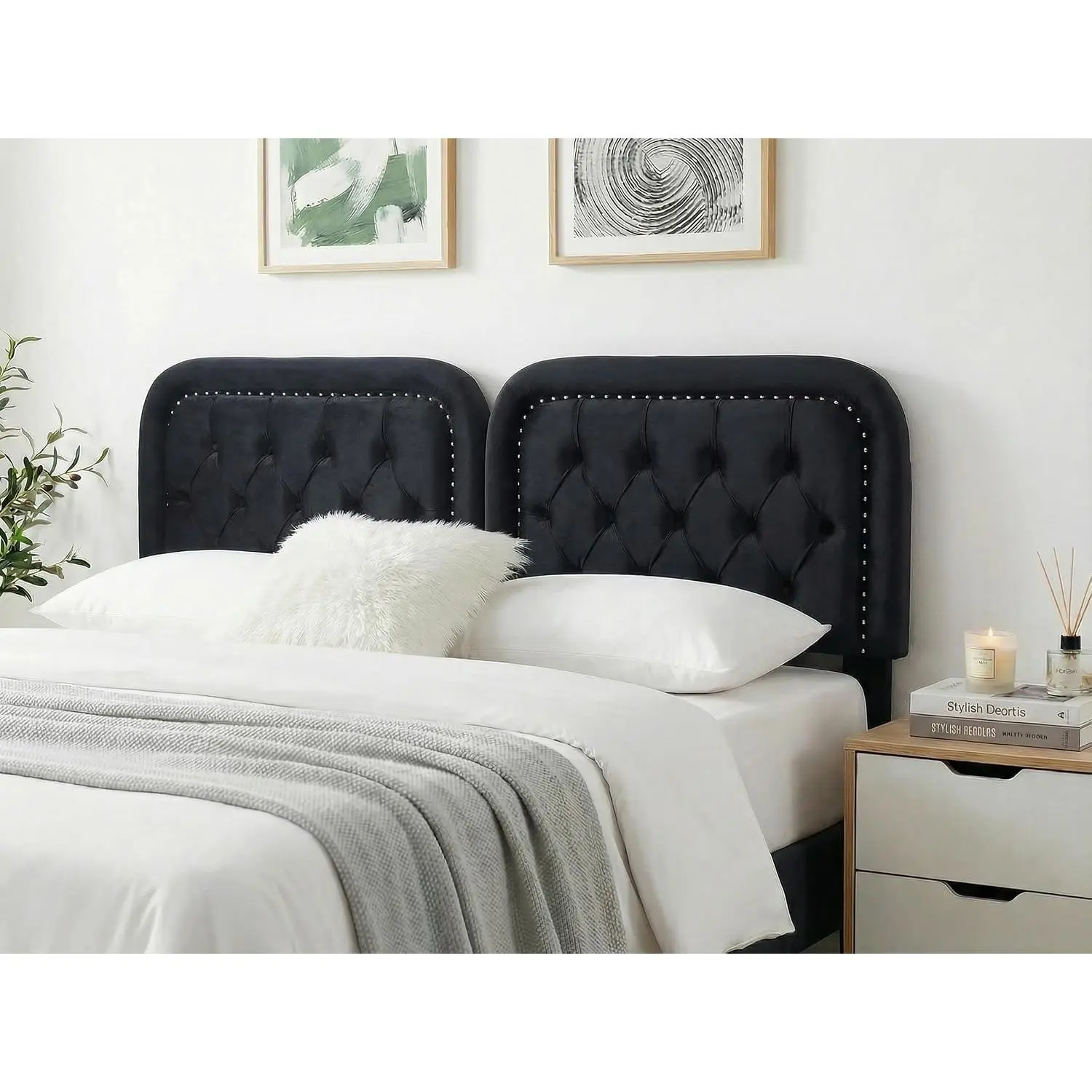 Tufted Upholstered Headboard  Size, Button Adjustable Height   Board Only, Sturdy and Durable Solid  with Nailhead Trim Headboards, Ideal for Bedroom, Dorm, Guest Room,Black