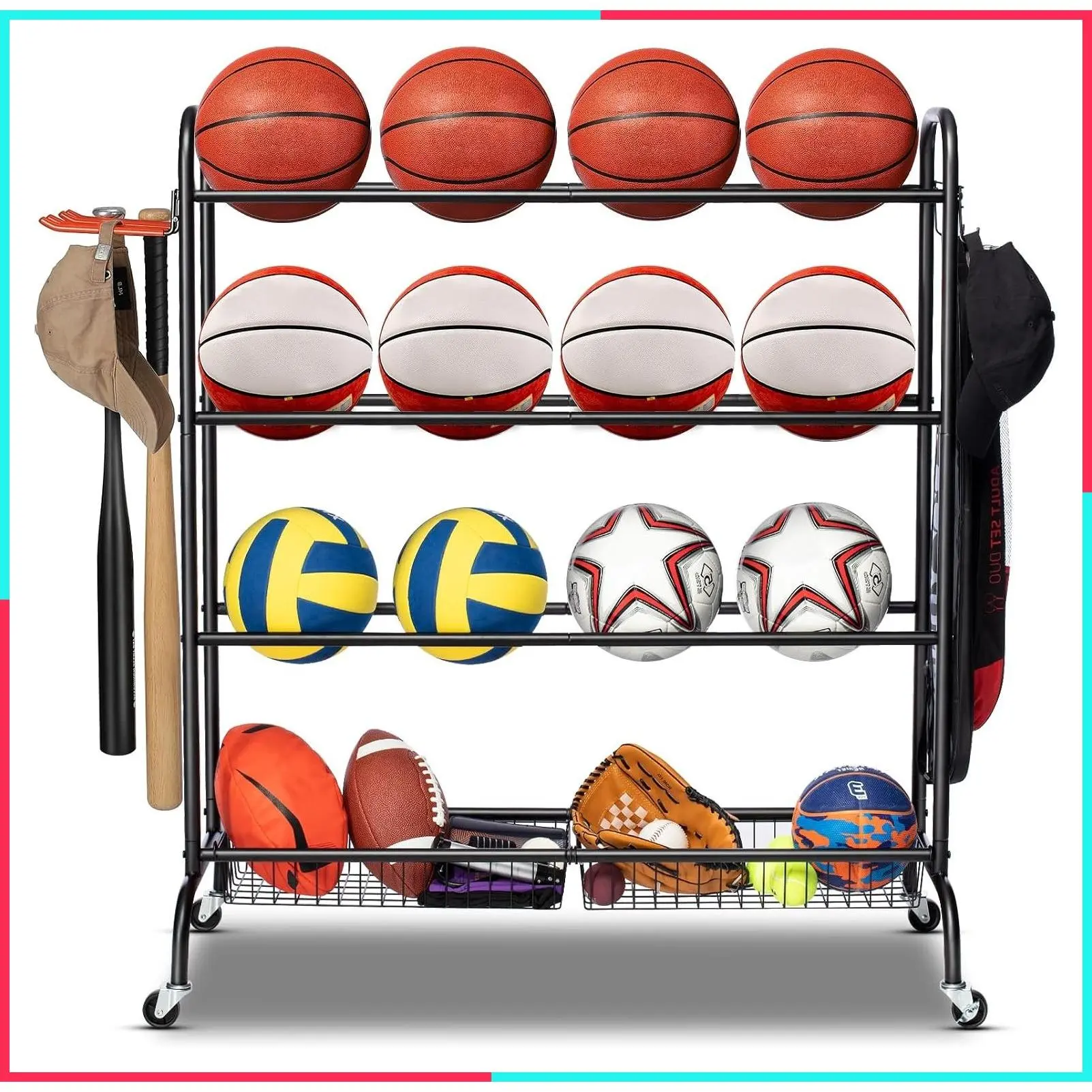 Basketball Rack with Wheels, 4 Tier Garage Ball Storage Organizer