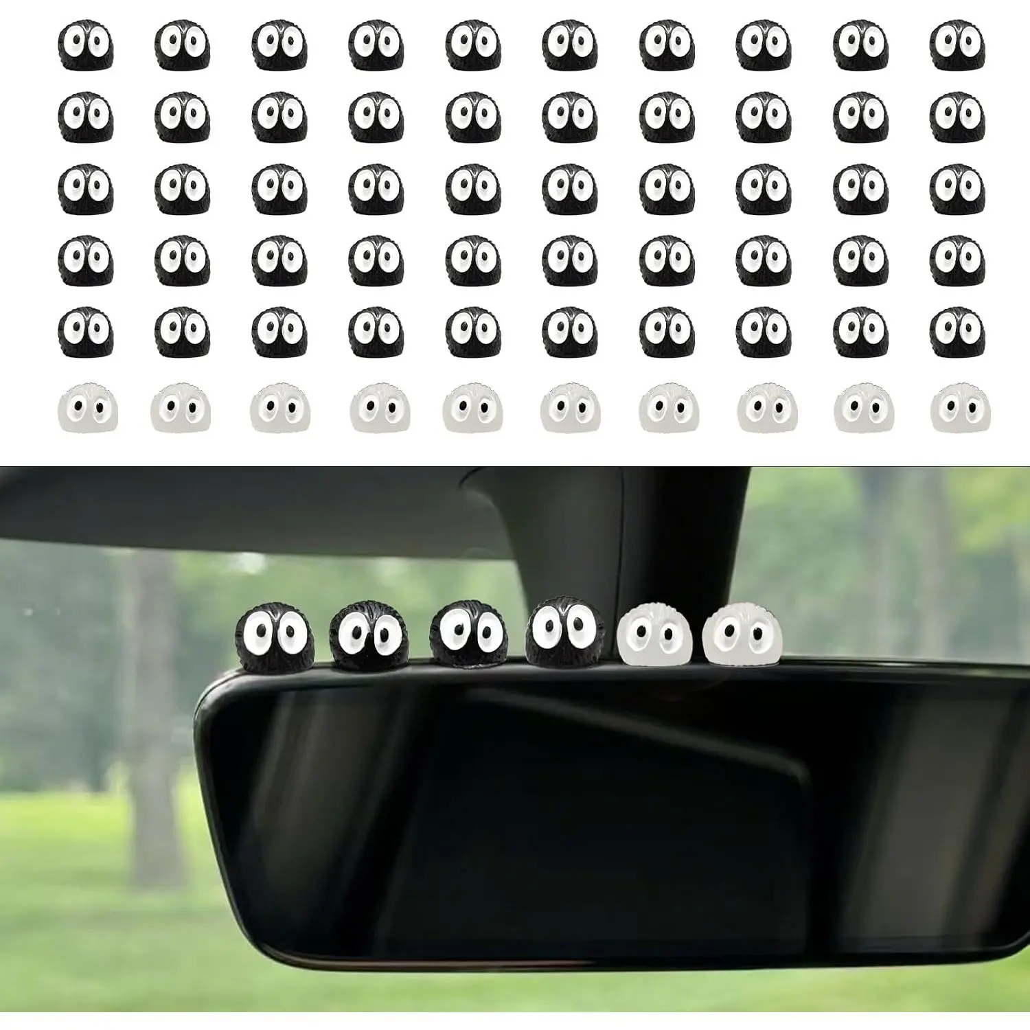 60 count  Mini Figures  Mirror Decorations with Adhesive Dots - 50 Black & 10 Glow in Dark Rearview Mirror Charms - Kawaii Decorative Ornaments for Dashboard,  Decor