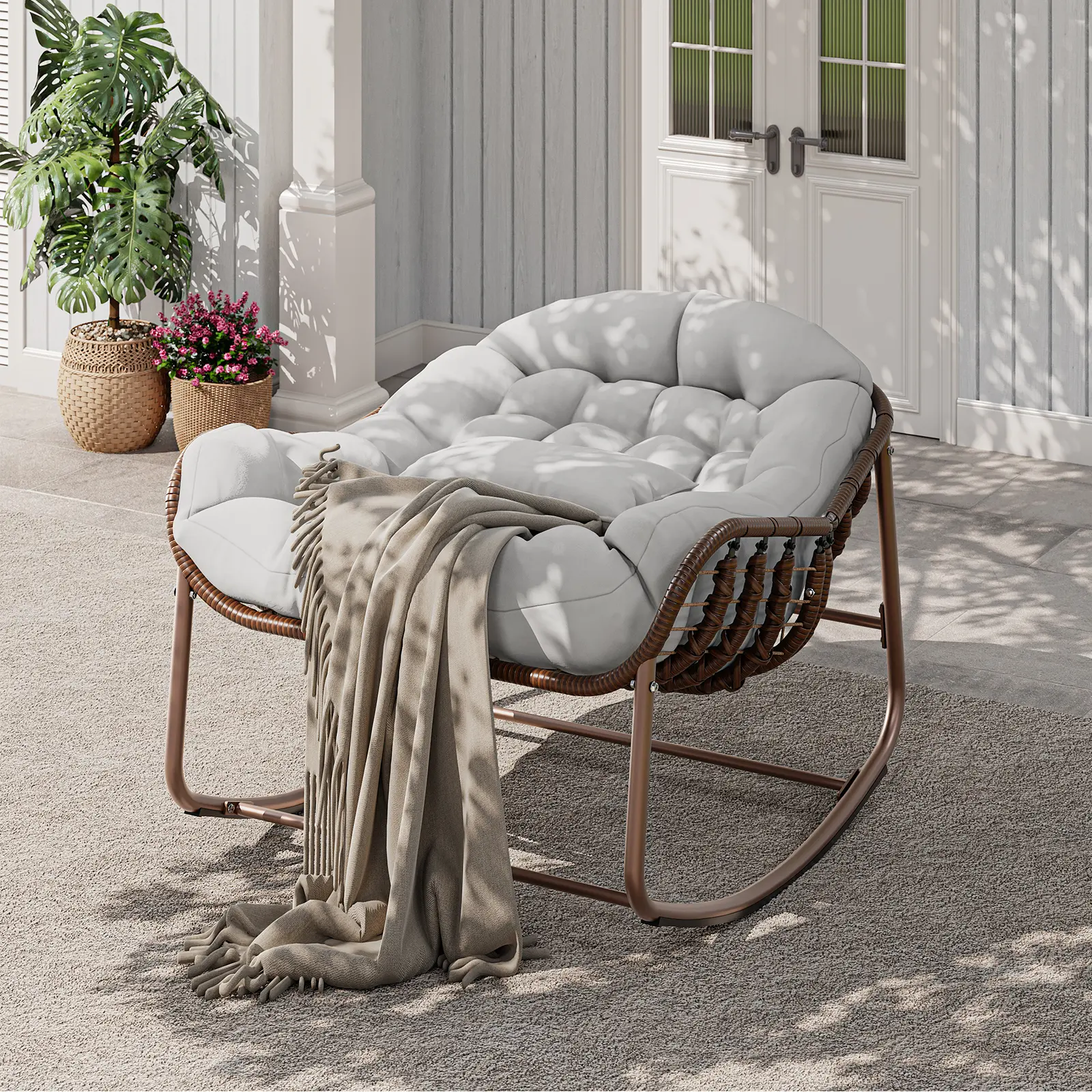 Oversized Papasan Egg Rocking Chair for Patio – Comfortable Outdoor Wicker Lounge with 15cm Thick Cushion & Pillow, Heavy Duty Metal Frame Recliner, 136kg Capacity – Distinctive SKU Variant