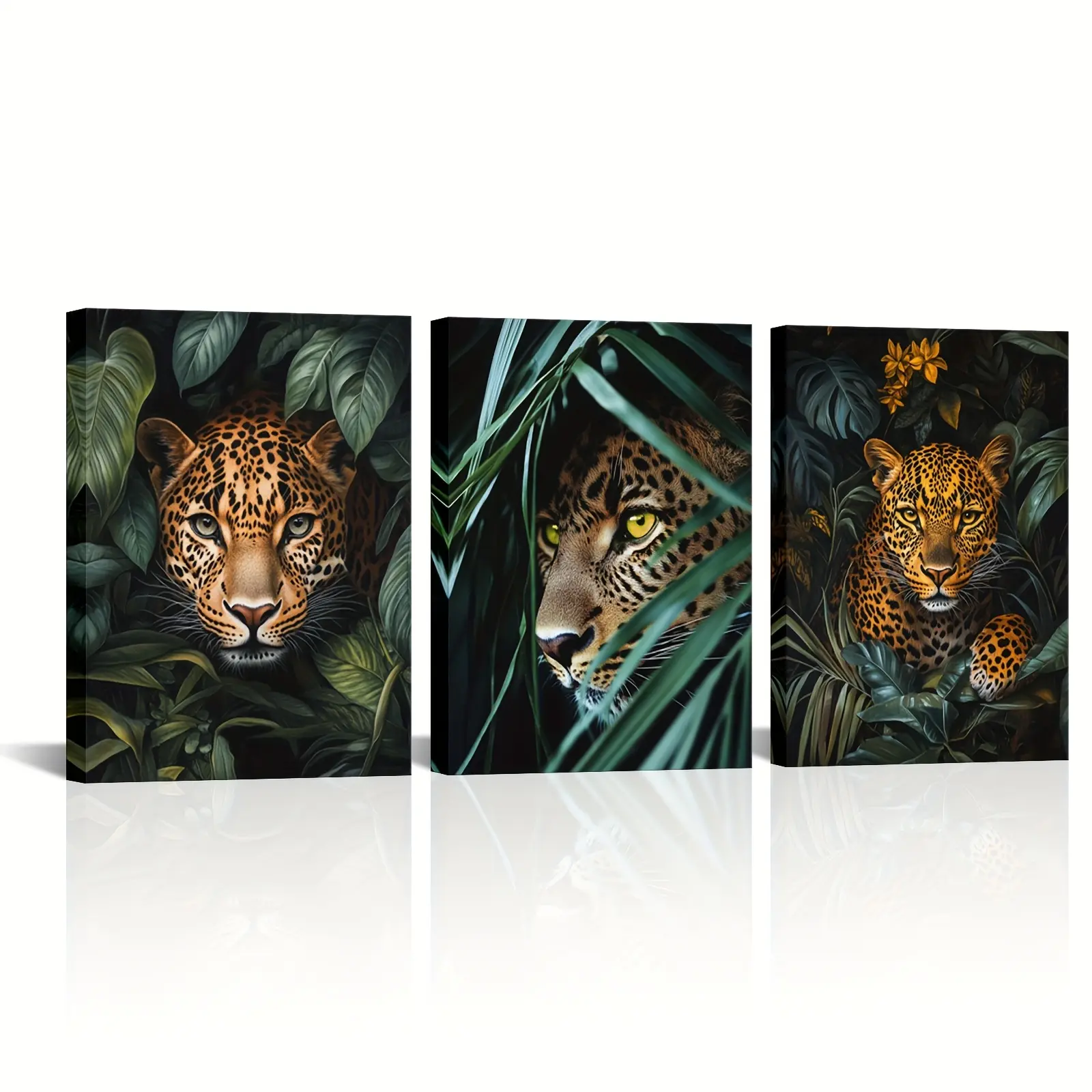 2D flat, 3-piece framed canvas vintage leopard print painting, country-style leopard head portrait poster, green palm leaf wildlife cheetah wall decoration, aesthetic leaf wildlife print modern artwork, suitable for men's rooms, living rooms, bedrooms