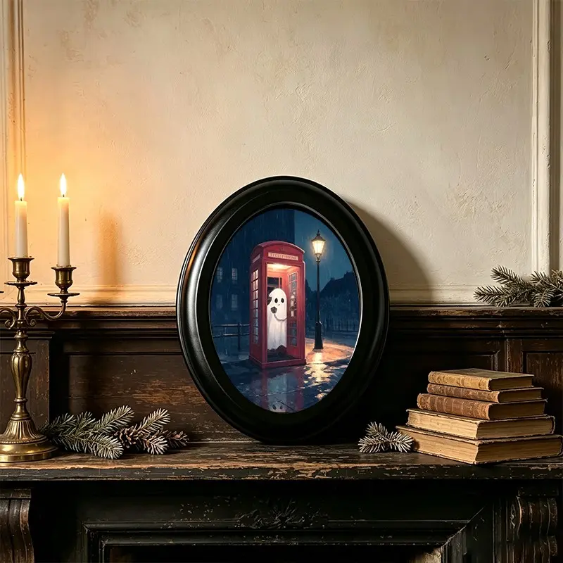 1 Count Oval Frame, Victorian Black Oval Picture Frame, Gothic Framed Art, Cute Ghost Halloween, Red Telephone Booth Ghost, Rainy Night Street Lamp, Dark Academia Decor, Spooky Wall Print, Halloween Wall Hanging, Ready To Hang Wall Art, Halloween Gift