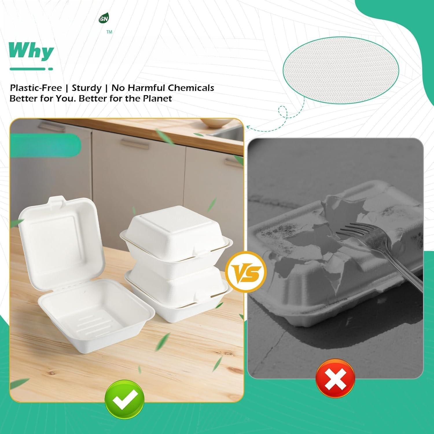 [6x6, 128-Pack Compostable Clamshell Take Out  Containers, Biodegradable Bagasse Paper To-Go Boxes for Burgers, Sandwiches, Cake, , Microwave & Freezer Safe (White)