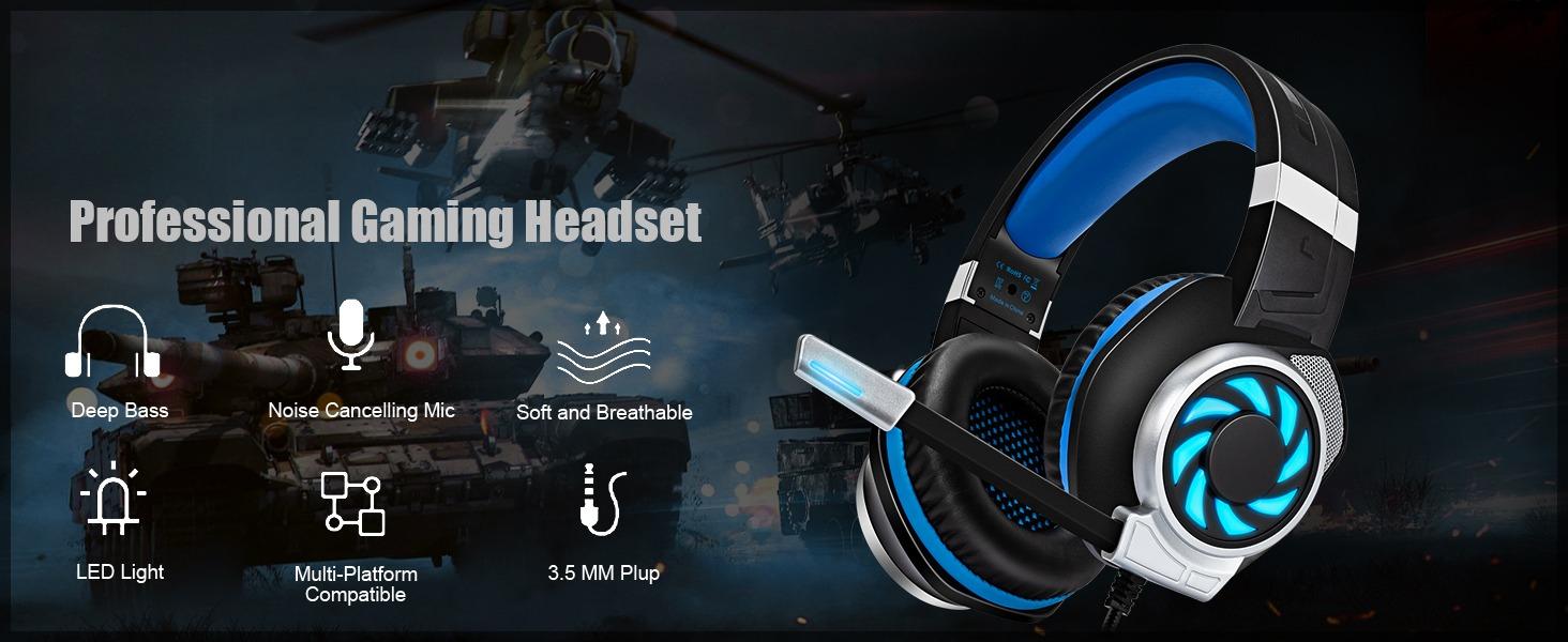 STANDARD GOODS 3C9-PHP017  Gaming Headset for PS4, Xbox One, PC, PS5, Laptop, Mac, Nintendo Switch, 3.5MM Noise Cancelling Over Ear Headphones with Mic, Bass Surround, Soft Memory Earmuffs (New Blue)