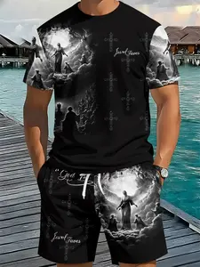 Two-piece set with retro realistic prints of black-and-white clouds, angels and crosses via 3D digital printing, 2Pcs, trendy fashion suit, trendy retro casual two-piece outfit, trendy vacation-style wear, breathable sports casual style, an ideal festive