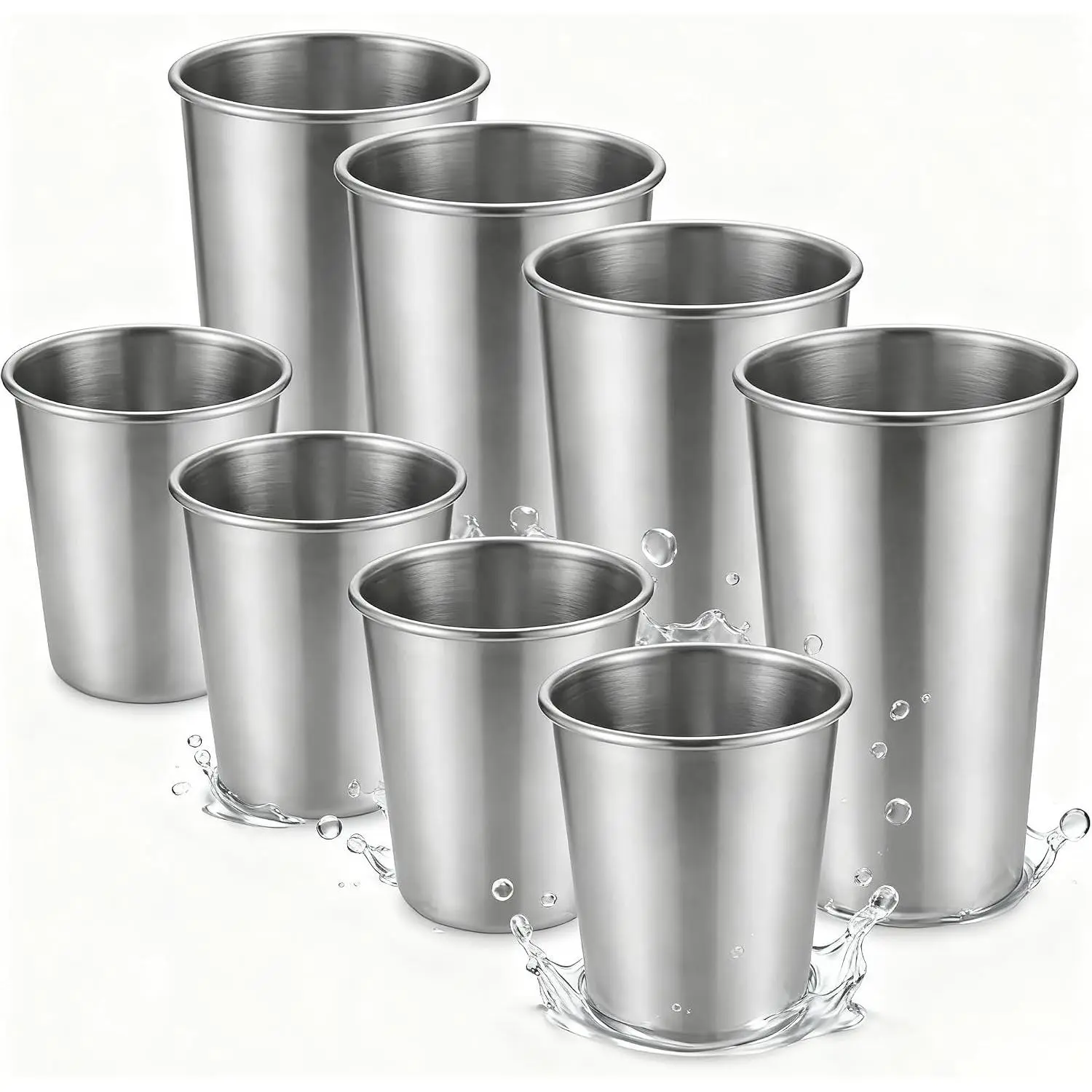 Stainless Steel Cups & Pint Tumblers Set of 8 - 4 Pack 8 oz + 4 Pack 16 oz Stackable,  Unbreakable 304 Metal Drinking Glasses for  & Adults, Indoor Outdoor Picnic Travel Camping