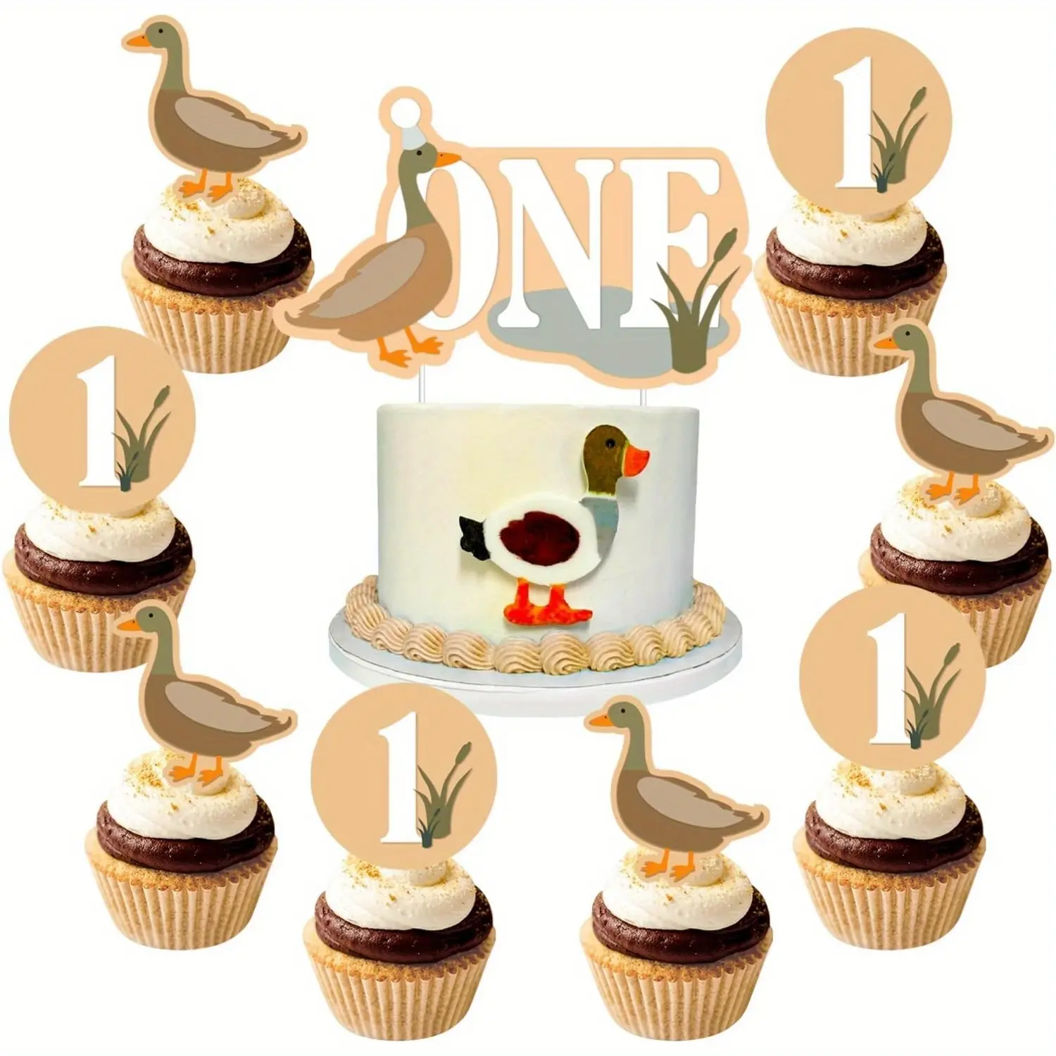 1Set Mallard Duck 1anniversary Birthday Cupcake Toppers One Cake Toppers Duck Themed Cake Decorations 1anniversary Happy Birthday Party Decorations for Boys Girls Baby Shower Mallard Duck First Birthday Party Decor Supplies