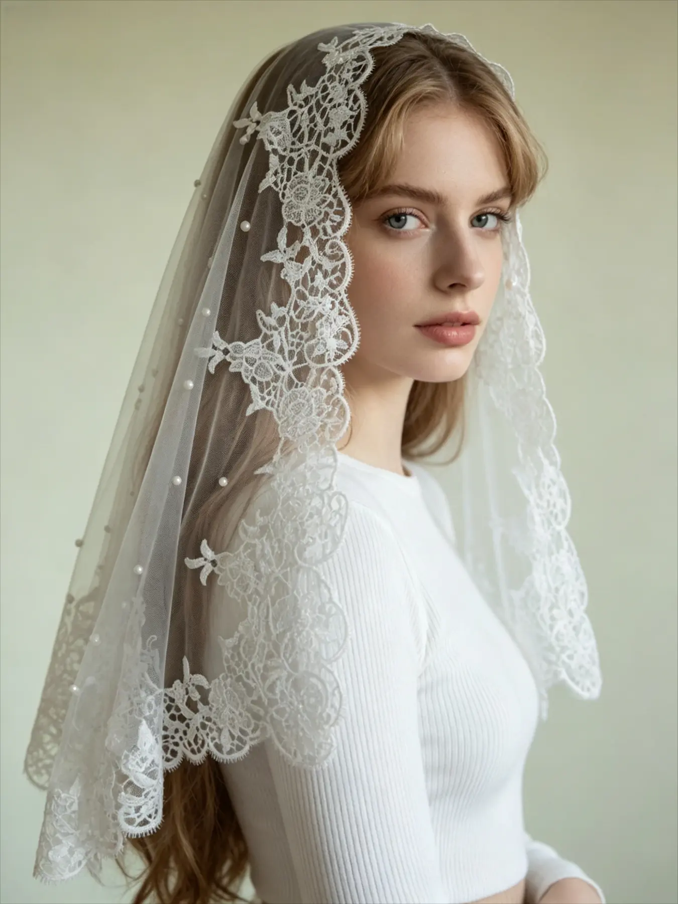 White lace pearl veil, sheer tulle design, bridal look, versatile retro photography veil