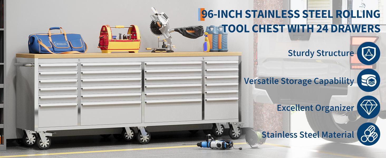 96" Tool Chest, Heavy-Duty Rolling 24-Drawer Professional Mobile Tool Cabinet with Lock & Key, Drawer Liners & 6" Casters for Garage, Workshop or Auto Shop Storage