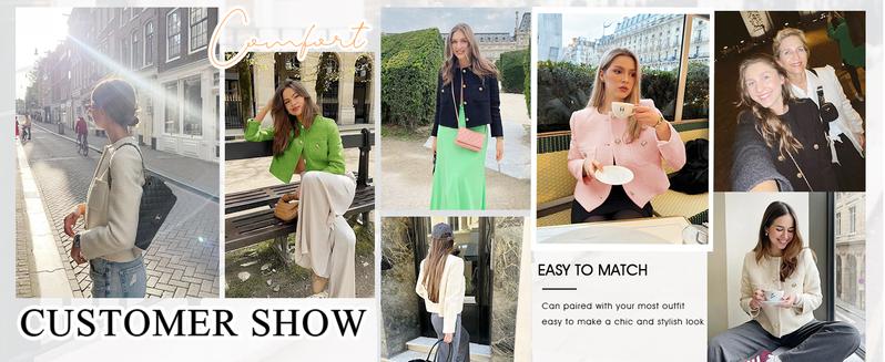 Women's Tweed Blazers Long Sleeve Business Button Down Casual Cropped Blazer Jackets with Pockets