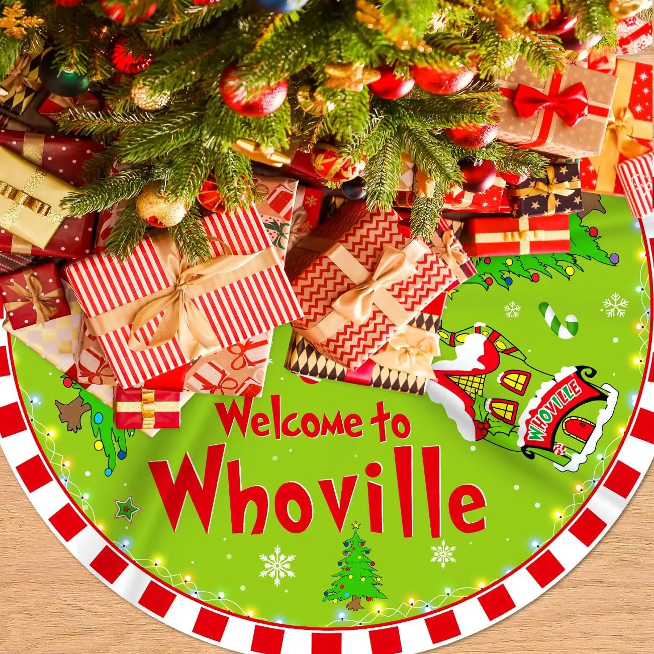 Christmas Tree Skirt Welcome to Tree Skirt 48 Inch | Red and Green Christmas Decorations Xmas Holiday  Decor